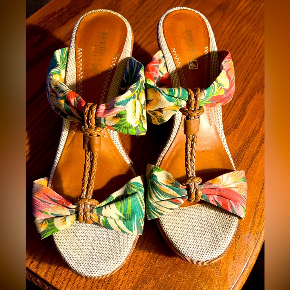 Sperry TopSider Wedge Sandal Slipon, 8s. 3” simulated cork heel, fabric upper.